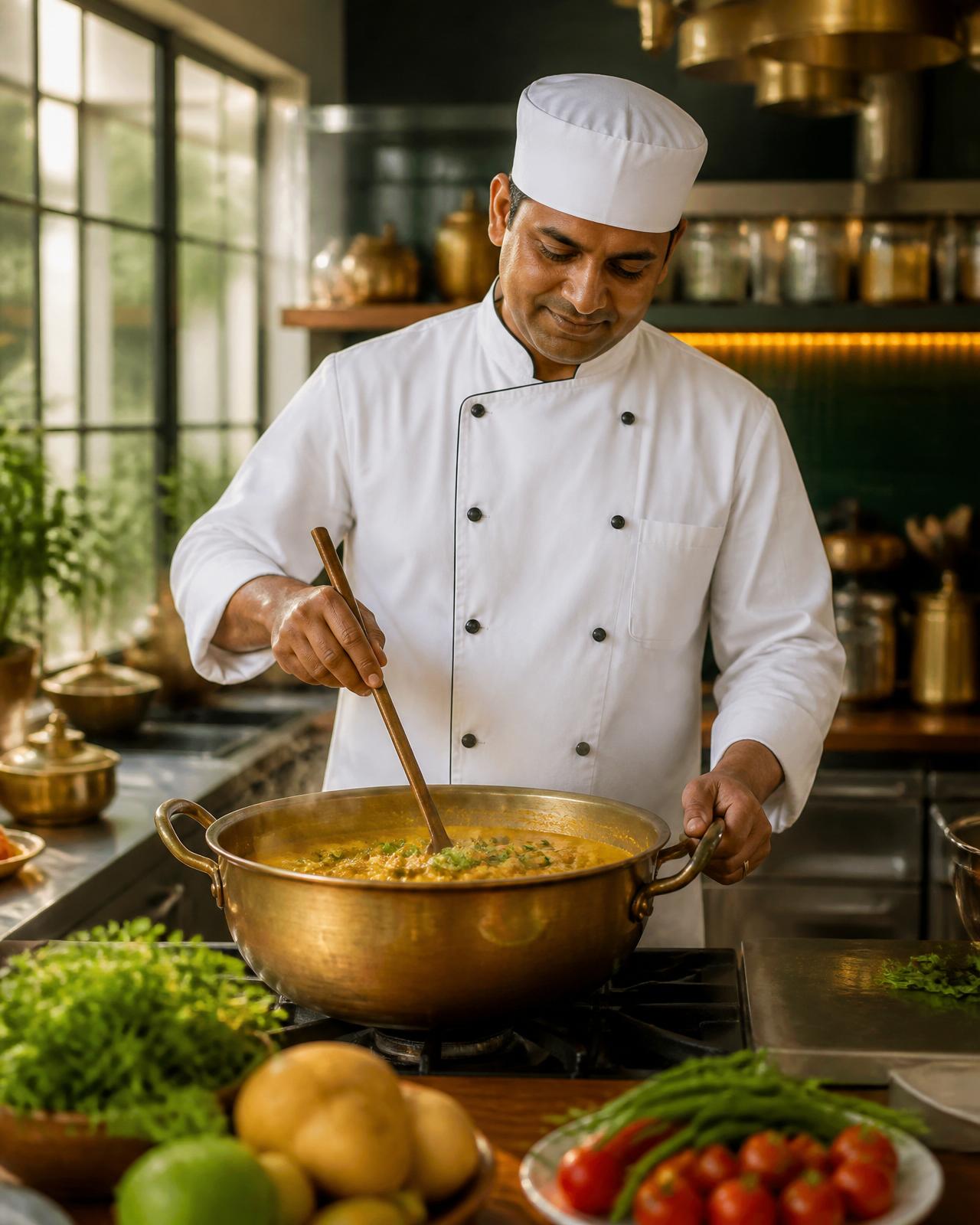 Professional chef cooking Indian vegetarian food in a hygienic premium kitchen